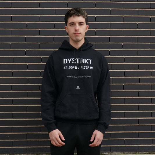 DYSTRKT Blueprint Hoodie Black – Sudadera negra streetwear premium