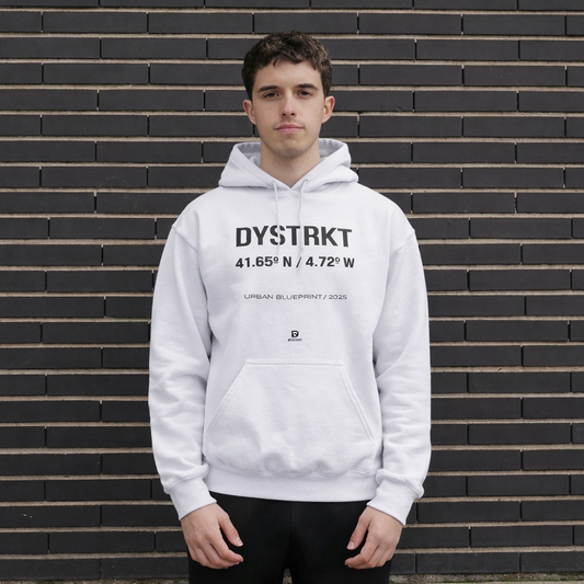 DYSTRKT Blueprint Hoodie White – Sudadera blanca streetwear premium